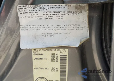 2017 Nissan Altima 2.5/2.5 S/2.5 Sl/2.5 Sr/2.5 Sv из США, поврежденный, VIN 1N4AL3AP2HC284580